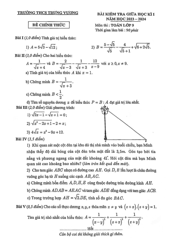 Đề thi Giữa kì 1 Toán 9 năm 2023-2024 trường THCS Trưng Vương (Hà Nội)