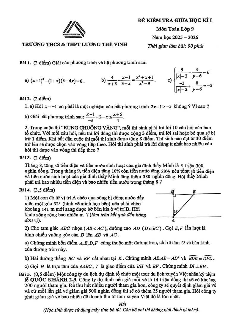 Đề thi Giữa kì 1 Toán 9 THCS&THPT Lương Thế Vinh năm 2025-2026