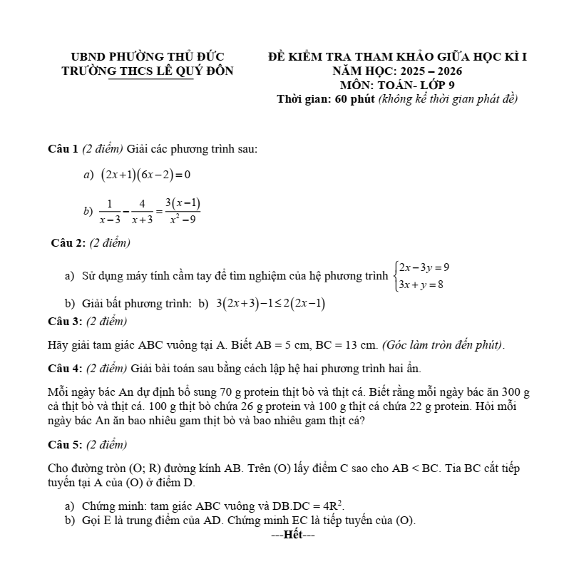 Đề thi Giữa kì 1 Toán 9 THCS Lê Quý Đôn năm 2025-2026