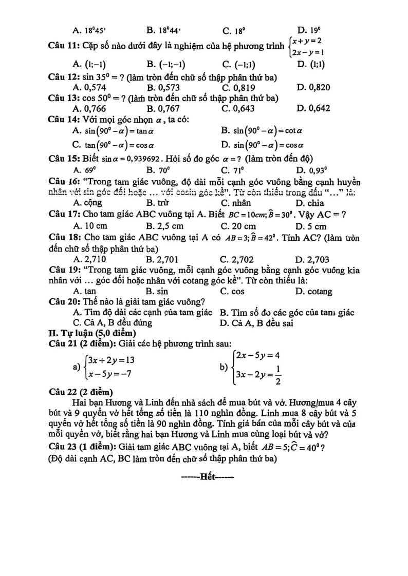 Đề thi Giữa kì 1 Toán 9 THCS Nguyễn Thị Định năm 2025-2026