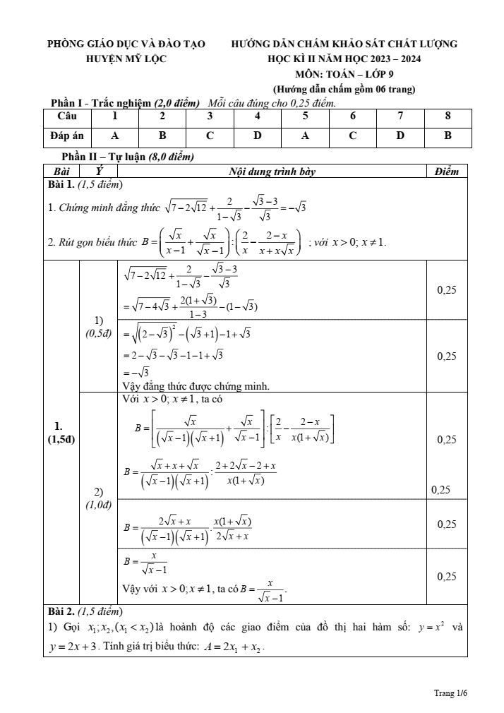Đề thi Học kì 2 Toán 9 năm 2023-2024 phòng GD&ĐT Mỹ Lộc (Nam Định)