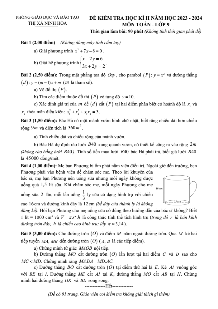 Đề thi Học kì 2 Toán 9 năm 2023-2024 phòng GD&ĐT Ninh Hòa (Khánh Hòa)