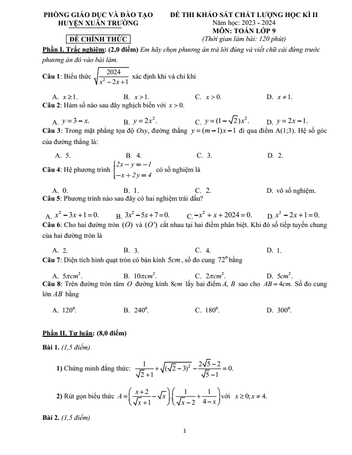 Đề thi Học kì 2 Toán 9 năm 2023-2024 phòng GD&ĐT Xuân Trường (Nam Định)