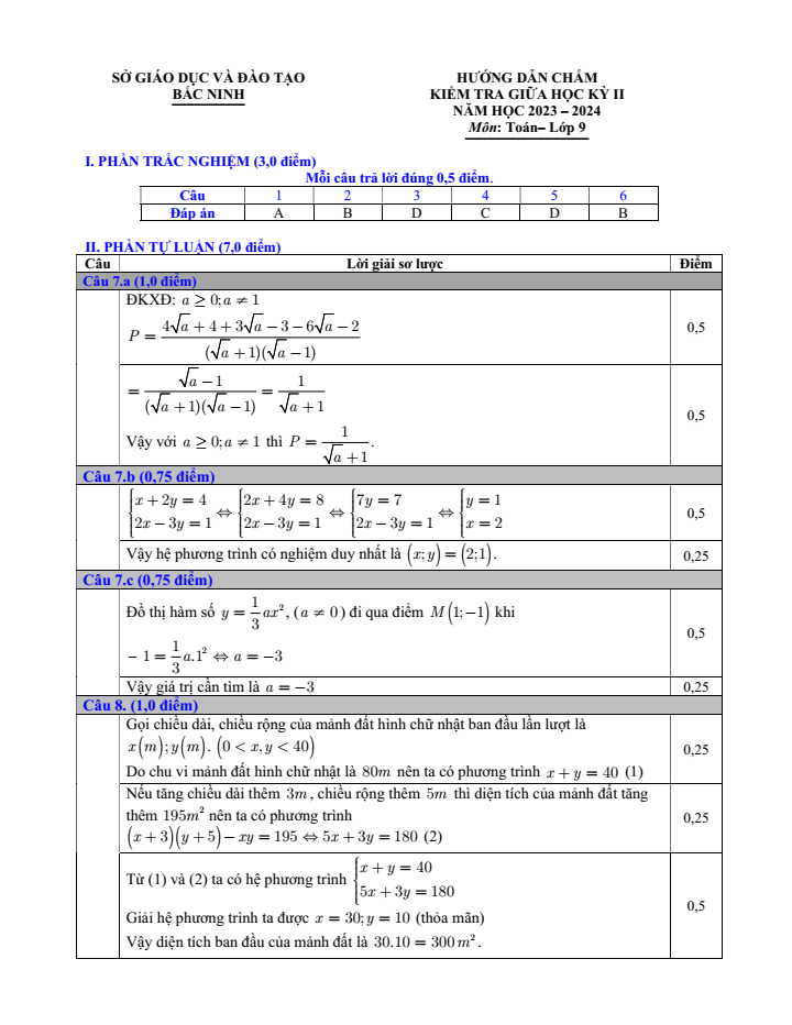 Đề thi Giữa kì 2 Toán 9 năm 2023-2024 sở GD&ĐT Bắc Ninh