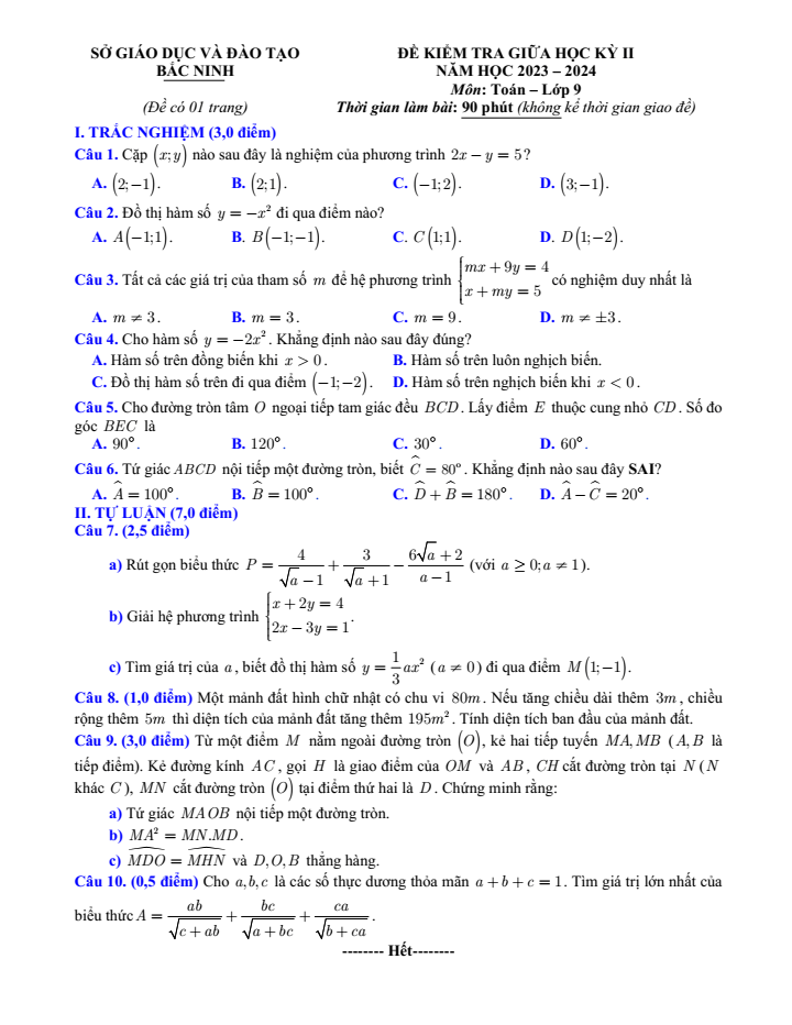 Đề thi Giữa kì 2 Toán 9 năm 2023-2024 sở GD&ĐT Bắc Ninh