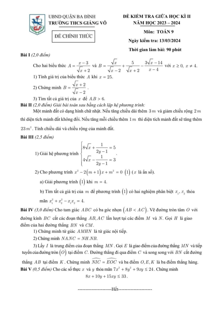 Đề thi Giữa kì 2 Toán 9 năm 2023-2024 trường THCS Giảng Võ (Hà Nội)