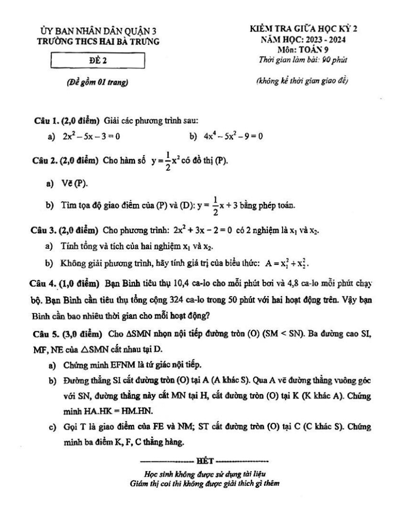 Đề thi Giữa kì 2 Toán 9 năm 2023-2024 trường THCS Hai Bà Trưng (Tp. HCM)
