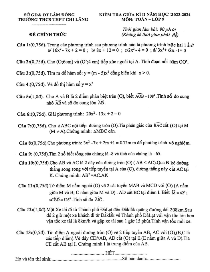 Đề thi Giữa kì 2 Toán 9 năm 2023-2024 trường THCS – THPT Chi Lăng (Lâm Đồng)