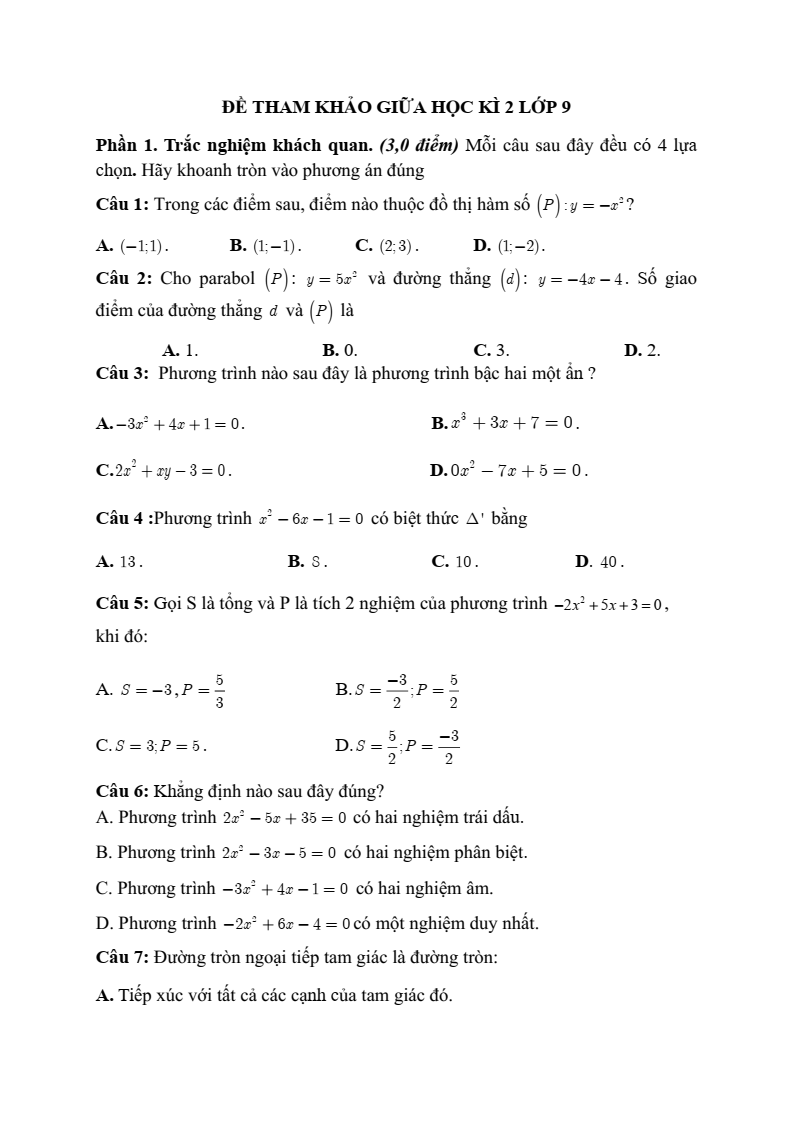 Đề thi Giữa kì 2 Toán 9 phòng GD&ĐT Bình Thạnh (Tp.HCM) năm 2024-2025