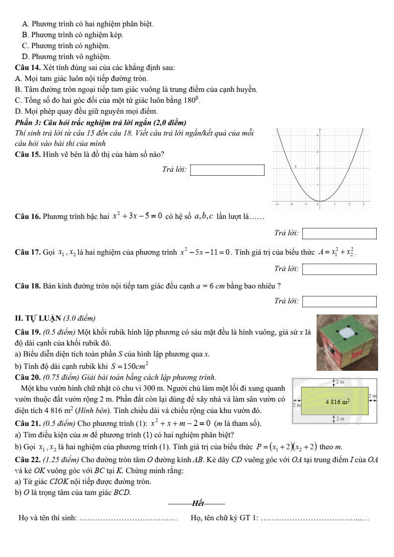 Đề thi Giữa kì 2 Toán 9 phòng GD&ĐT Châu Đức (Bà Rịa - Vũng Tàu) năm 2024-2025