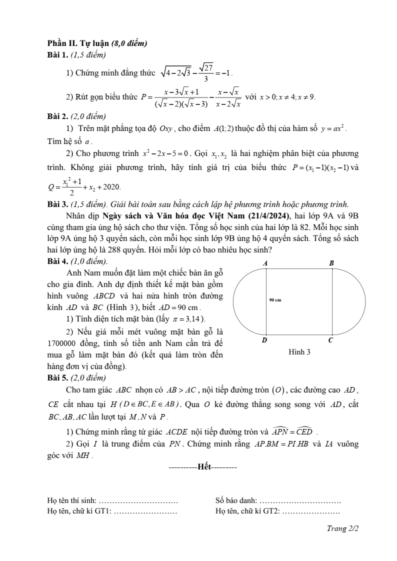 Đề thi Giữa kì 2 Toán 9 phòng GD&ĐT Giao Thủy (Nam Định) năm 2024-2025