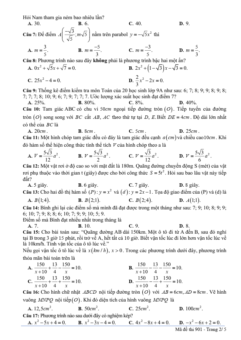 Đề thi Giữa kì 2 Toán 9 phòng GD&ĐT Mỹ Hào (Hưng Yên) năm 2024-2025
