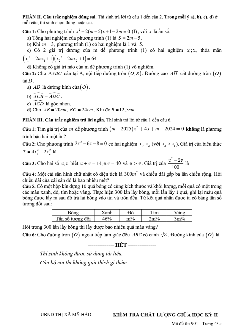 Đề thi Giữa kì 2 Toán 9 phòng GD&ĐT Mỹ Hào (Hưng Yên) năm 2024-2025