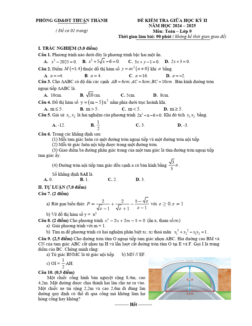Đề thi Giữa kì 2 Toán 9 phòng GD&ĐT Thuận Thành (Bắc Ninh) năm 2024-2025