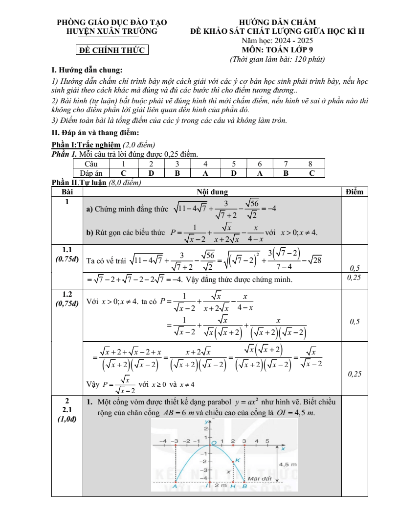 Đề thi Giữa kì 2 Toán 9 phòng GD&ĐT Xuân Trường (Nam Định) năm 2024-2025