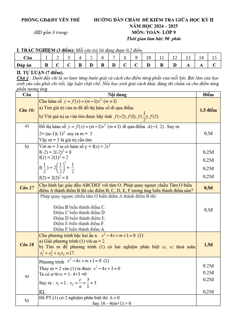 Đề thi Giữa kì 2 Toán 9 phòng GD&ĐT Yên Thế (Bắc Giang) năm 2024-2025