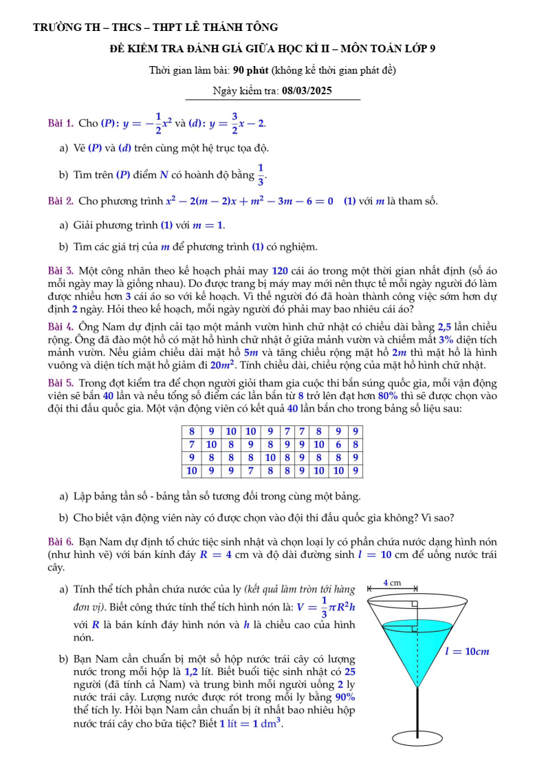 Đề thi Giữa kì 2 Toán 9 trường Lê Thánh Tông (Tp.HCM) năm 2024-2025