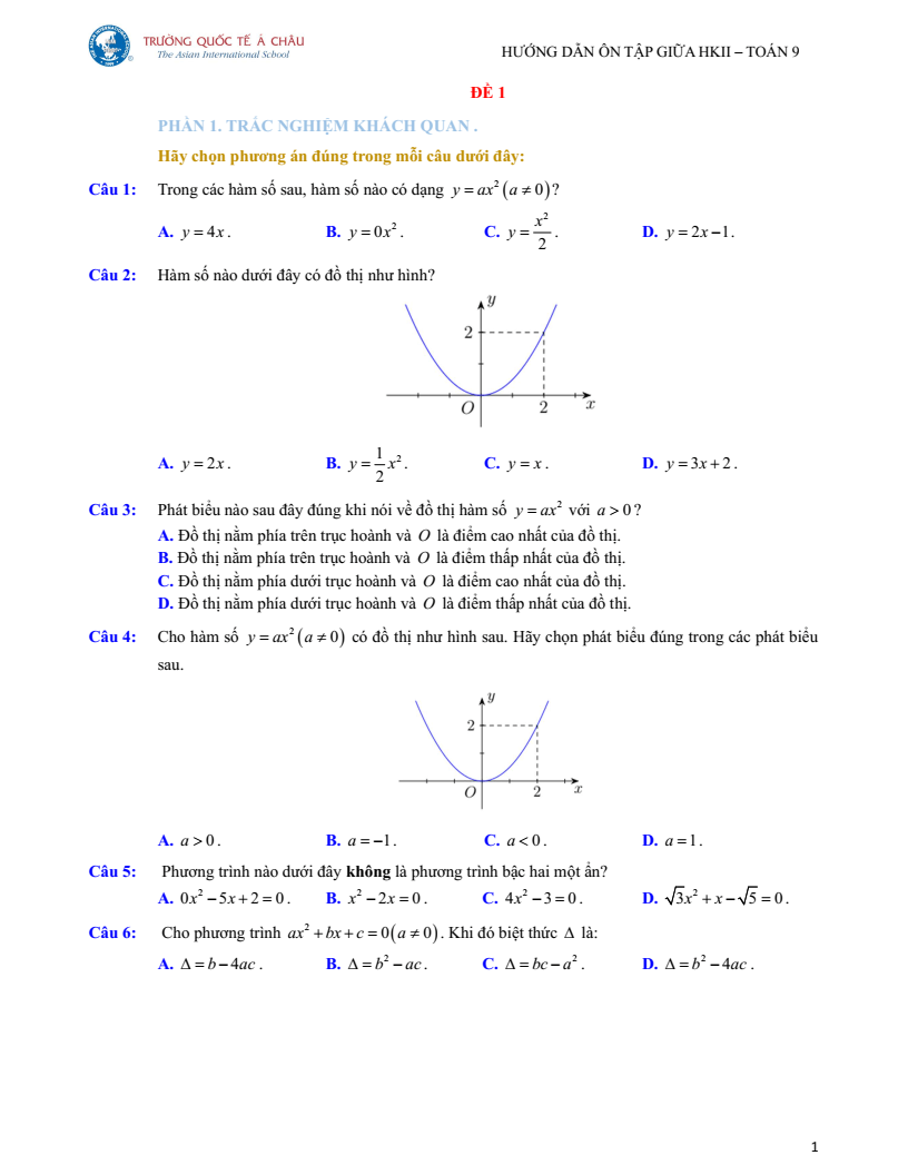 Đề thi Giữa kì 2 Toán 9 trường Quốc tế Á Châu (Tp.HCM) năm 2024-2025