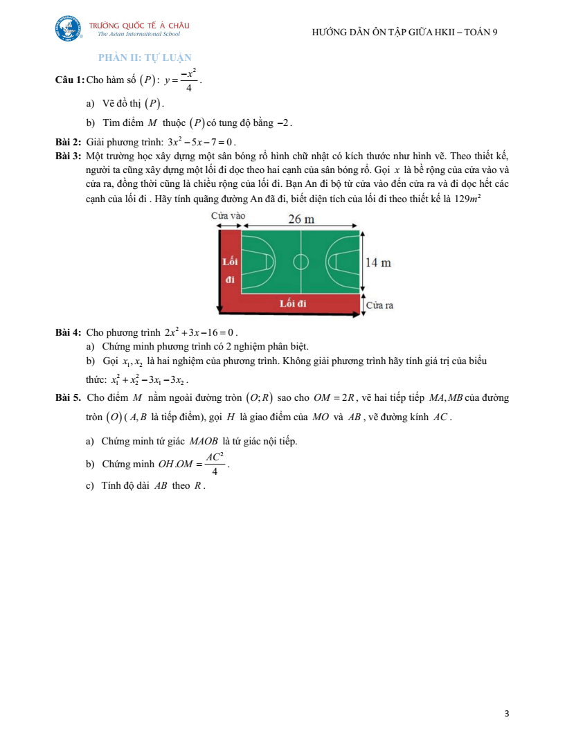 Đề thi Giữa kì 2 Toán 9 trường Quốc tế Á Châu (Tp.HCM) năm 2024-2025
