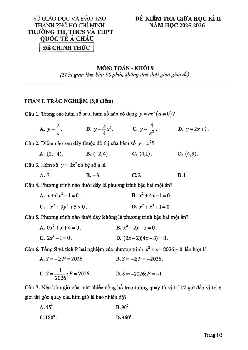 Đề thi Giữa kì 2 Toán 9 trường TH, THCS và THPT Quốc tế Á Châu (TP HCM) năm 2025-2026
