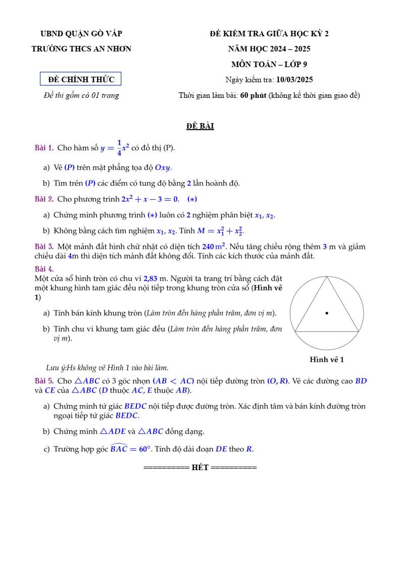 Đề thi Giữa kì 2 Toán 9 trường THCS An Nhơn (Tp.HCM) năm 2024-2025