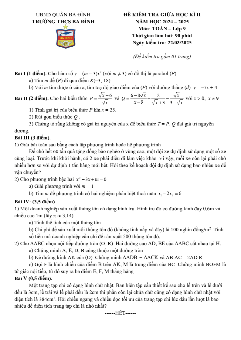 Đề thi Giữa kì 2 Toán 9 trường THCS Ba Đình (Hà Nội) năm 2024-2025