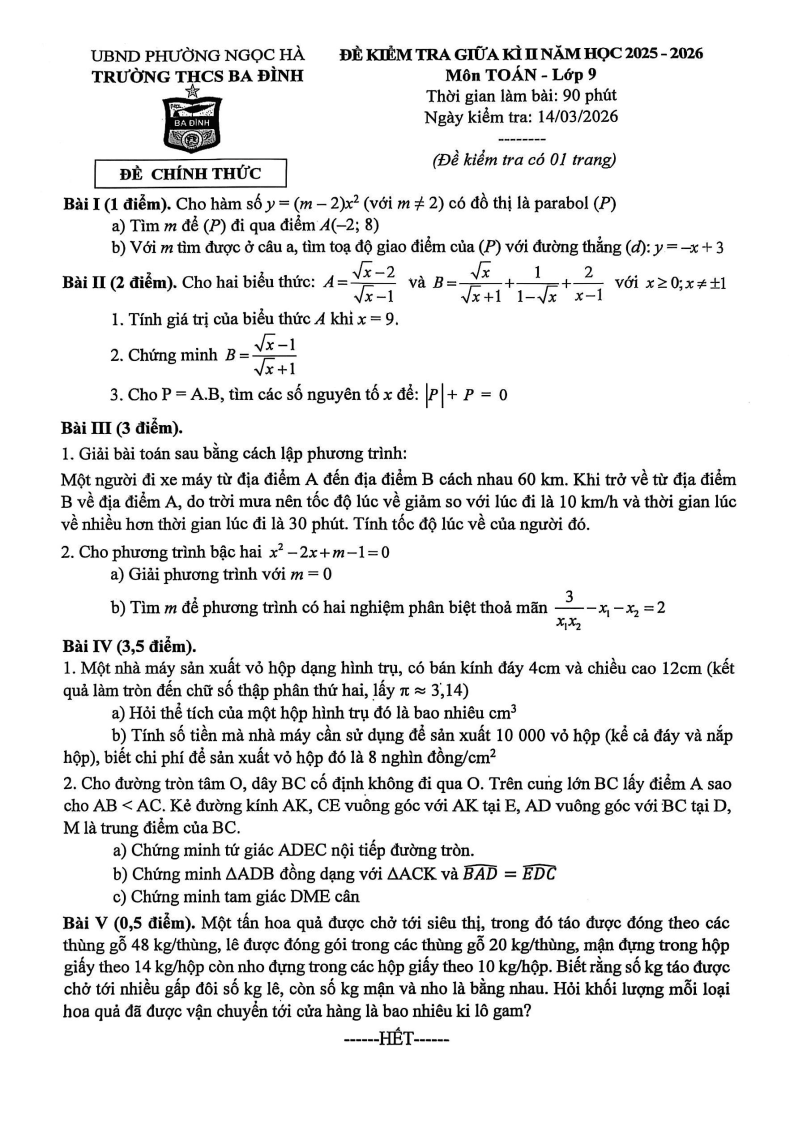 Đề thi Giữa kì 2 Toán 9 trường THCS Ba Đình (Hà Nội) năm 2025-2026