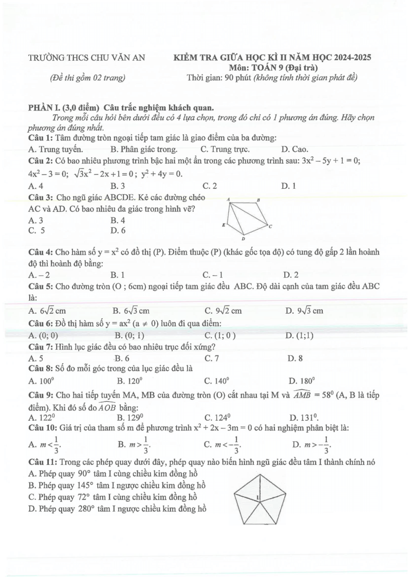 Đề thi Giữa kì 2 Toán 9 trường THCS Chu Văn An (Bình Dương) năm 2024-2025