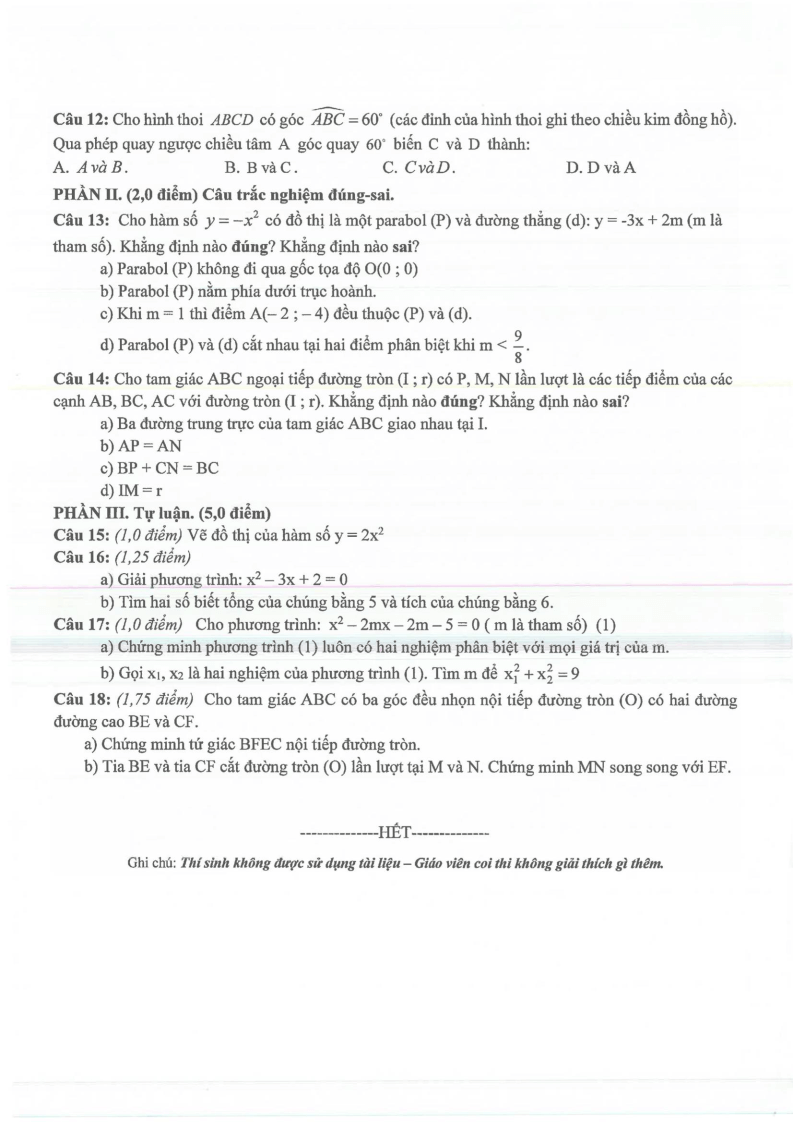 Đề thi Giữa kì 2 Toán 9 trường THCS Chu Văn An (Bình Dương) năm 2024-2025