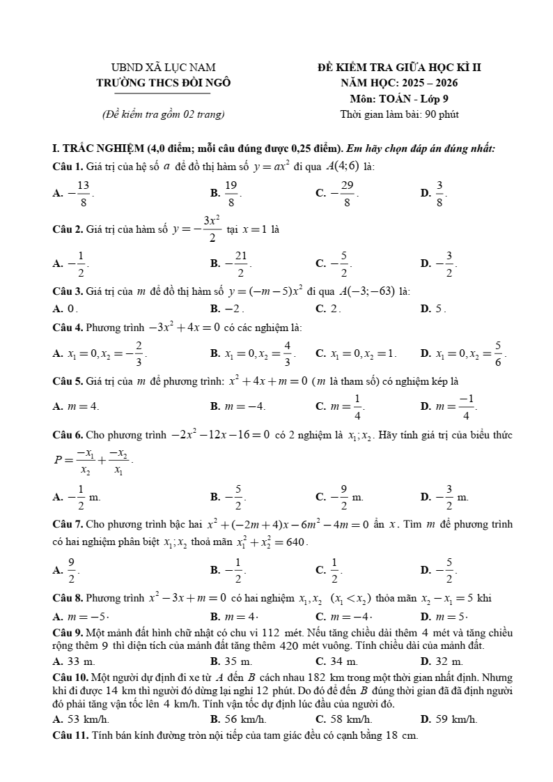 Đề thi Giữa kì 2 Toán 9 trường THCS Đồi Ngô (Bắc Ninh) năm 2025-2026