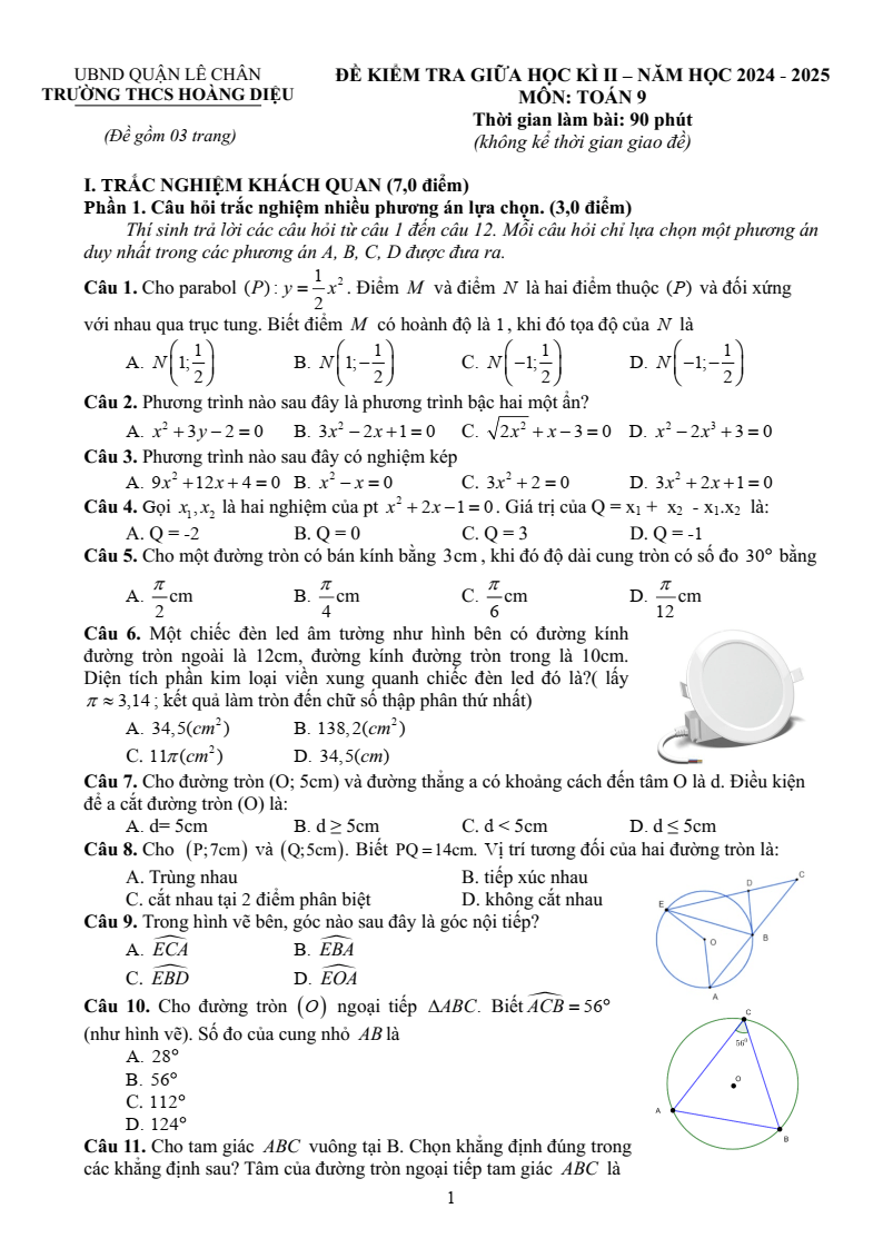 Đề thi Giữa kì 2 Toán 9 trường THCS Hoàng Diệu (Hải Phòng) năm 2024-2025