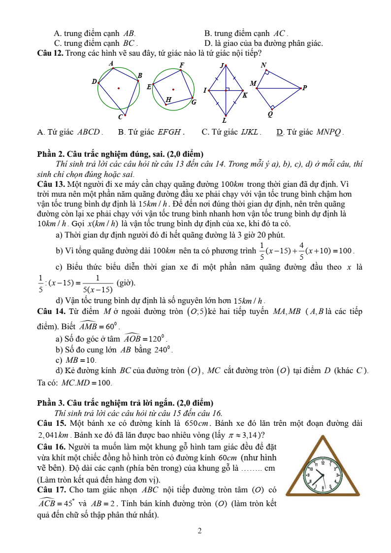 Đề thi Giữa kì 2 Toán 9 trường THCS Hoàng Diệu (Hải Phòng) năm 2024-2025