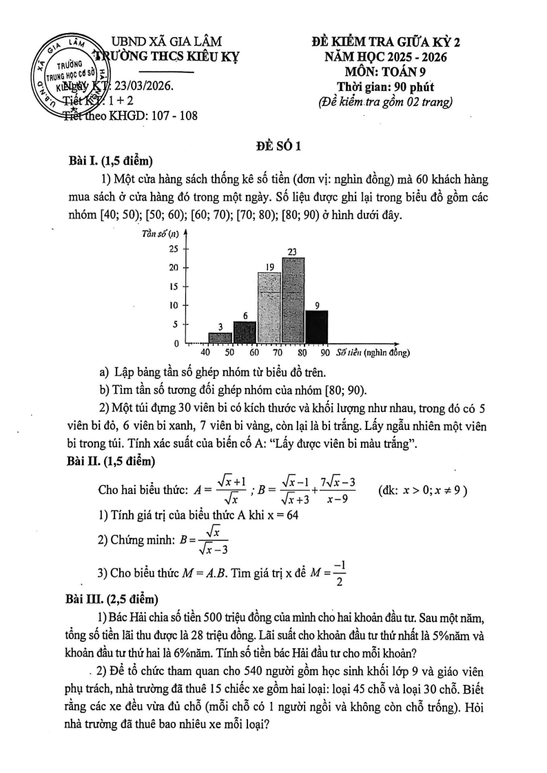 Đề thi Giữa kì 2 Toán 9 trường THCS Kiêu Kỵ (Hà Nội) năm 2025-2026