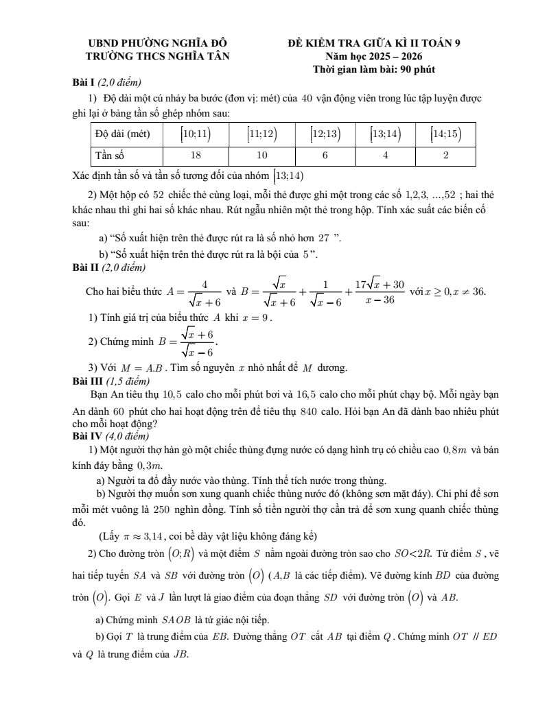 Đề thi Giữa kì 2 Toán 9 trường THCS Nghĩa Tân (Hà Nội) năm 2025-2026