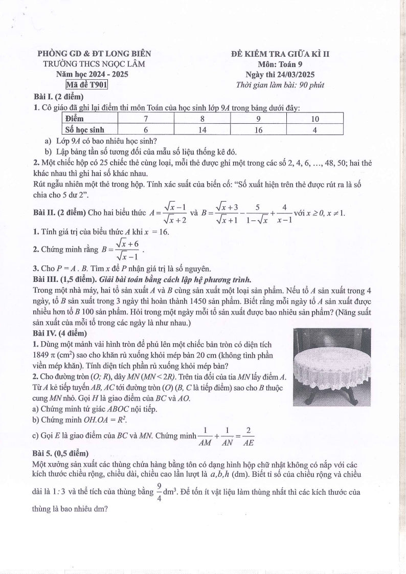 Đề thi Giữa kì 2 Toán 9 trường THCS Ngọc Lâm (Hà Nội) năm 2024-2025