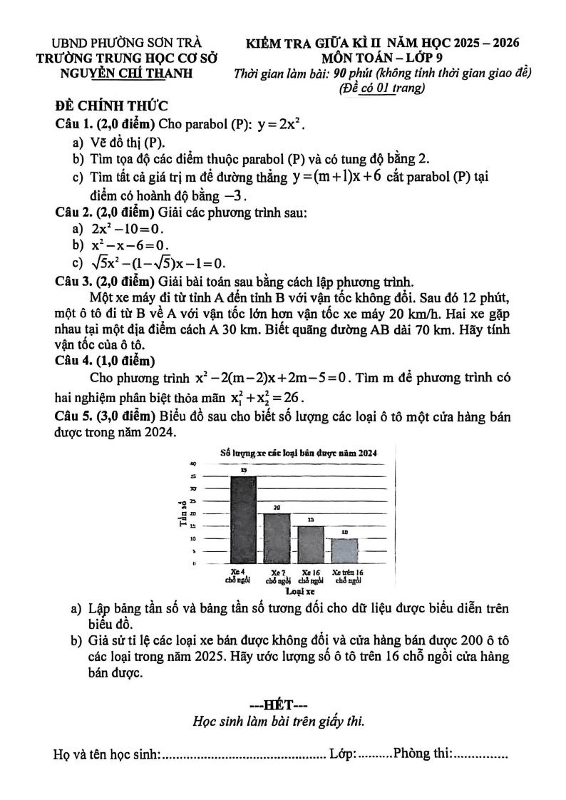 Đề thi Giữa kì 2 Toán 9 trường THCS Nguyễn Chí Thanh (Đà Nẵng) năm 2025-2026