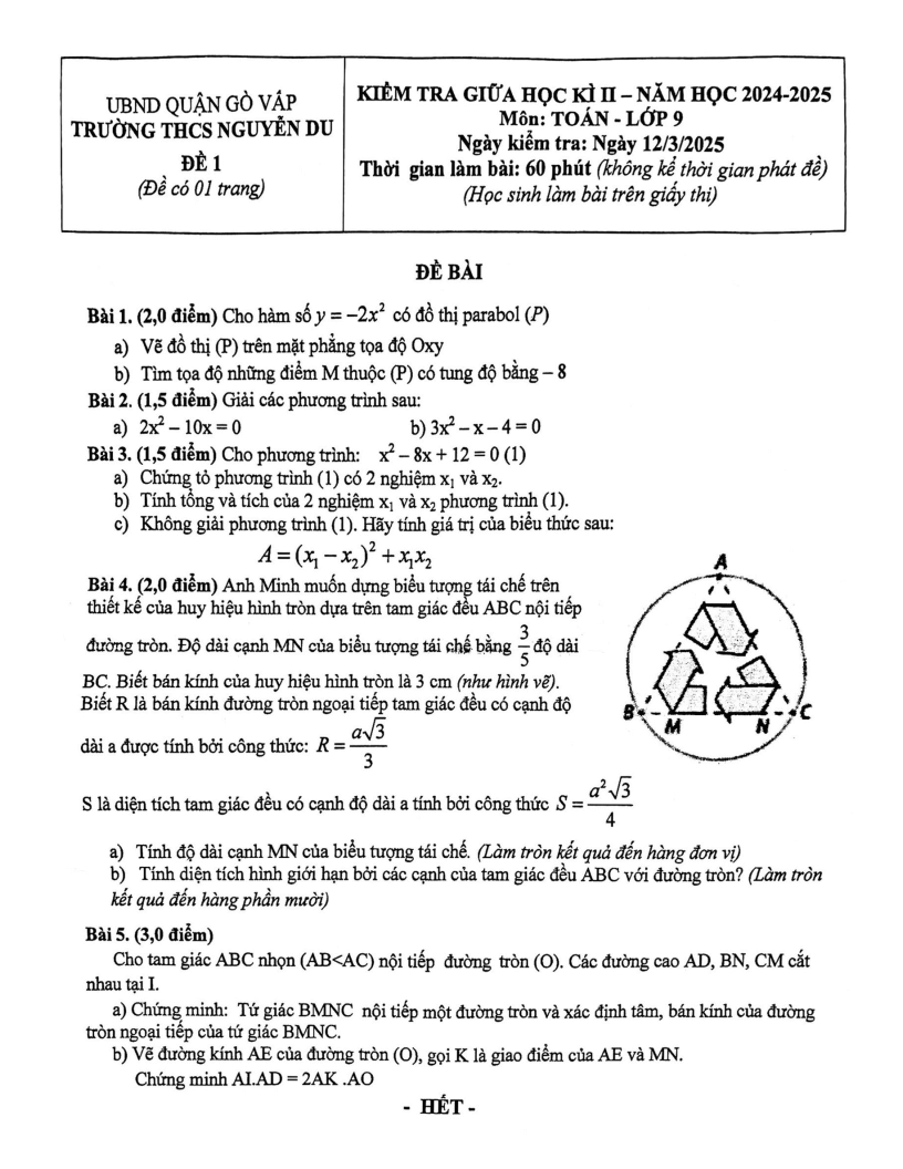 Đề thi Giữa kì 2 Toán 9 trường THCS Nguyễn Du (Tp.HCM) năm 2024-2025
