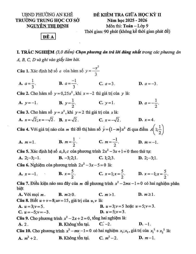 Đề thi Giữa kì 2 Toán 9 trường THCS Nguyễn Thị Định (Đà Nẵng) năm 2025-2026