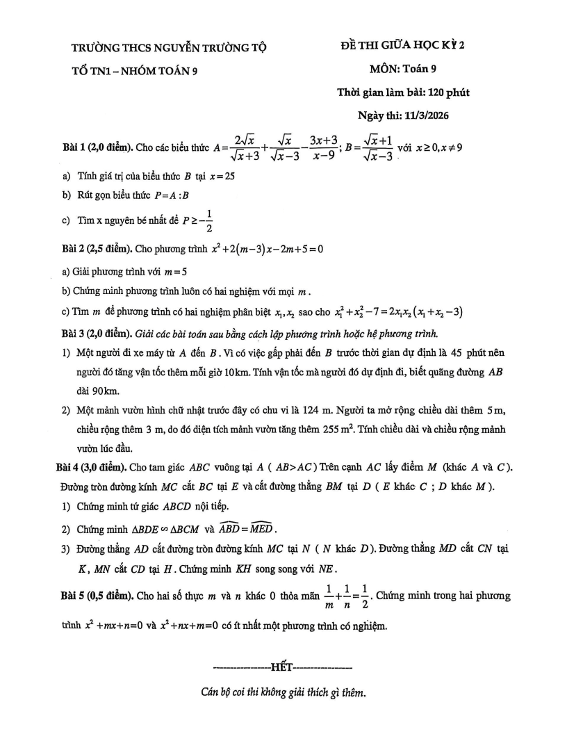 Đề thi Giữa kì 2 Toán 9 trường THCS Nguyễn Trường Tộ (Hà Nội) năm 2025-2026