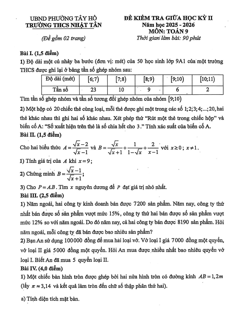 Đề thi Giữa kì 2 Toán 9 trường THCS Nhật Tân (Hà Nội) năm 2025-2026