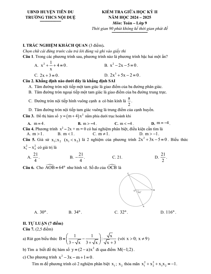 Đề thi Giữa kì 2 Toán 9 trường THCS Nội Duệ (Bắc Ninh) năm 2024-2025