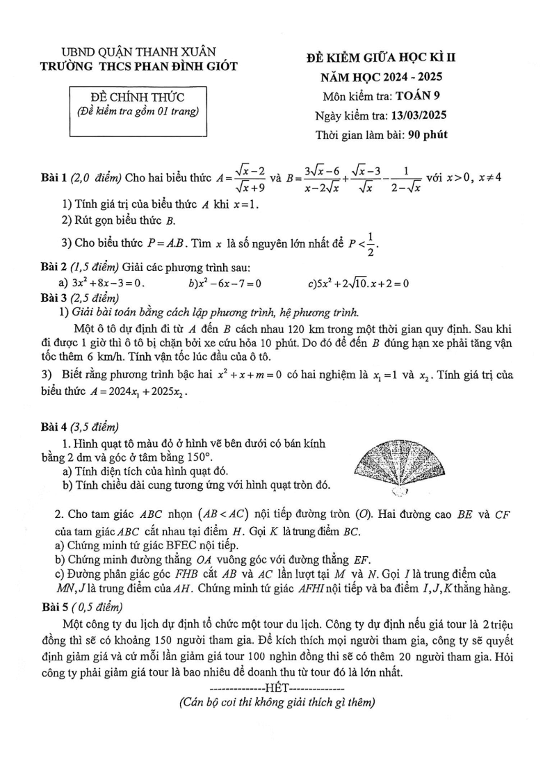 Đề thi Giữa kì 2 Toán 9 trường THCS Phan Đình Giót (Hà Nội) năm 2024-2025