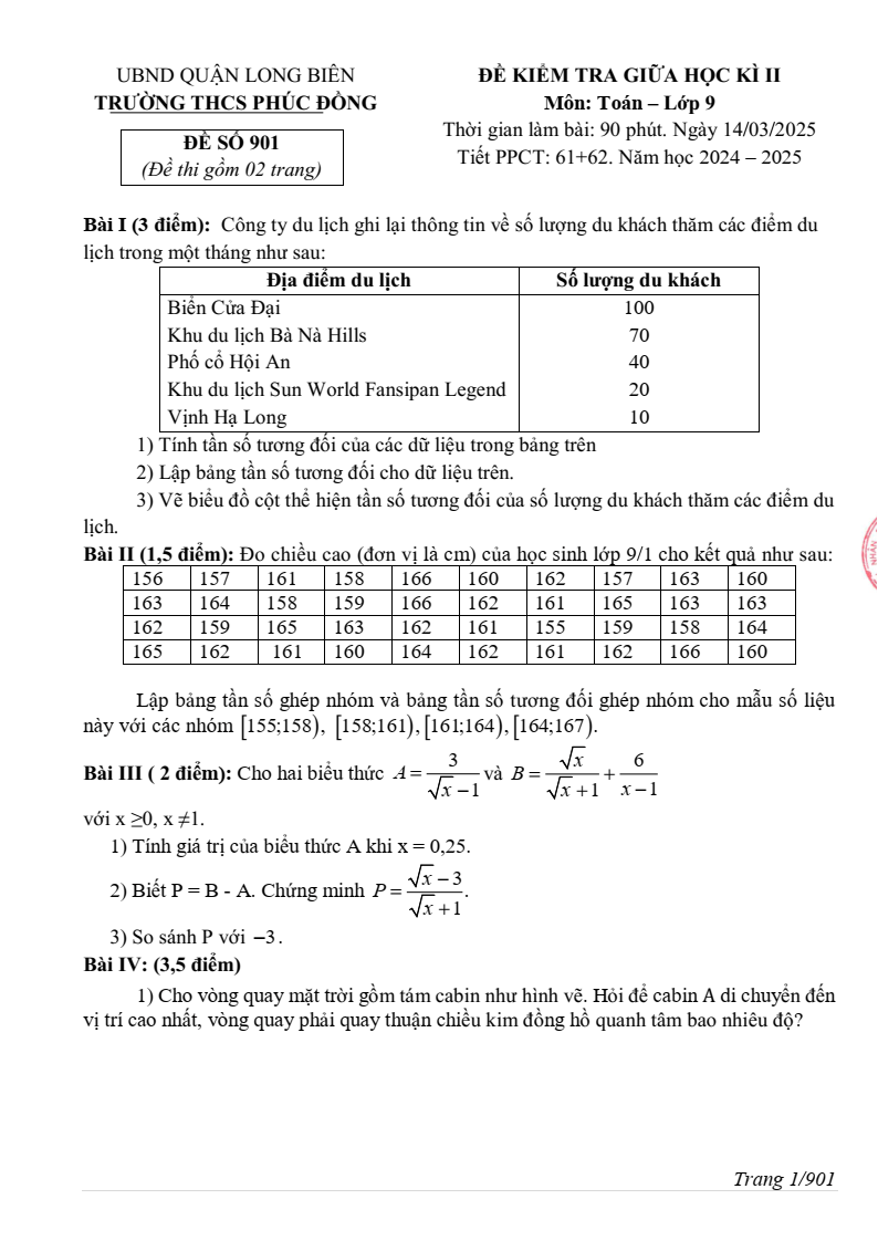 Đề thi Giữa kì 2 Toán 9 trường THCS Phúc Đồng (Hà Nội) năm 2024-2025