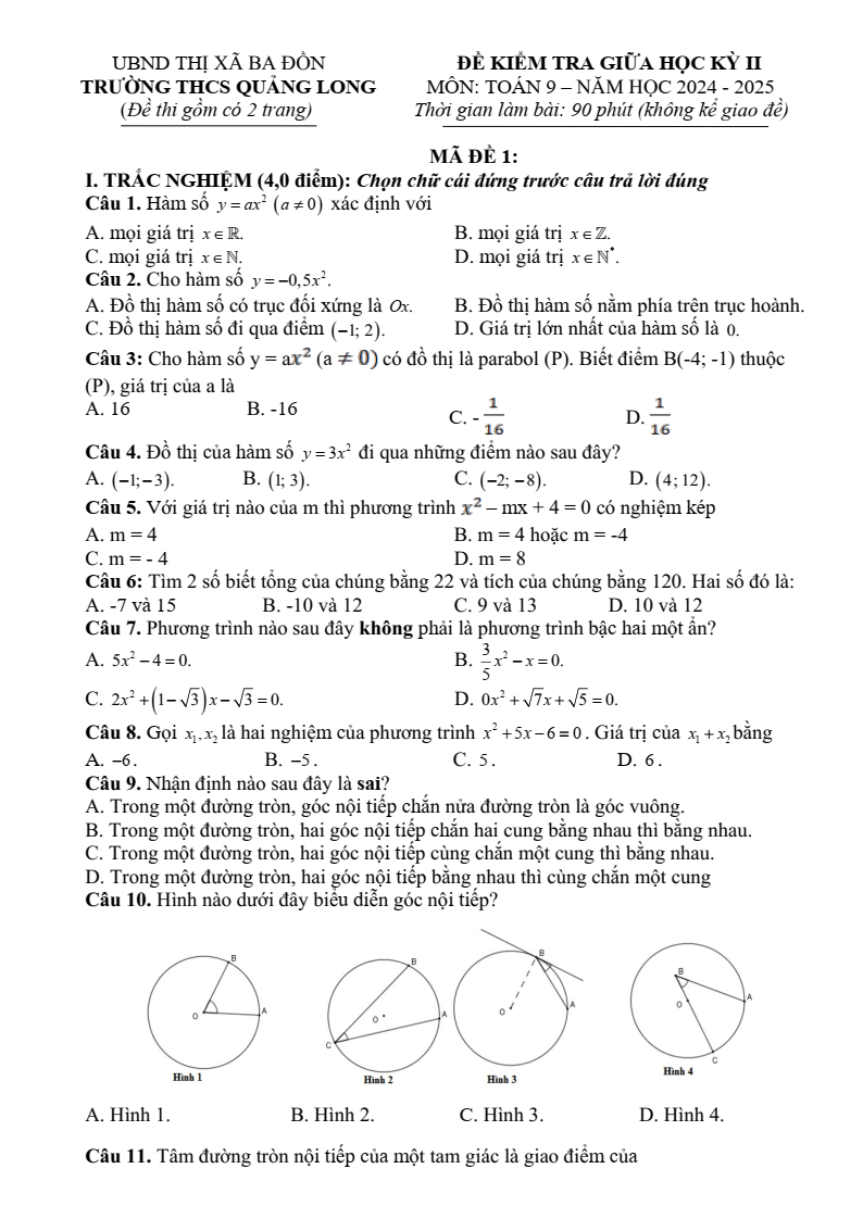 Đề thi Giữa kì 2 Toán 9 trường THCS Quảng Long (Quảng Bình) năm 2024-2025