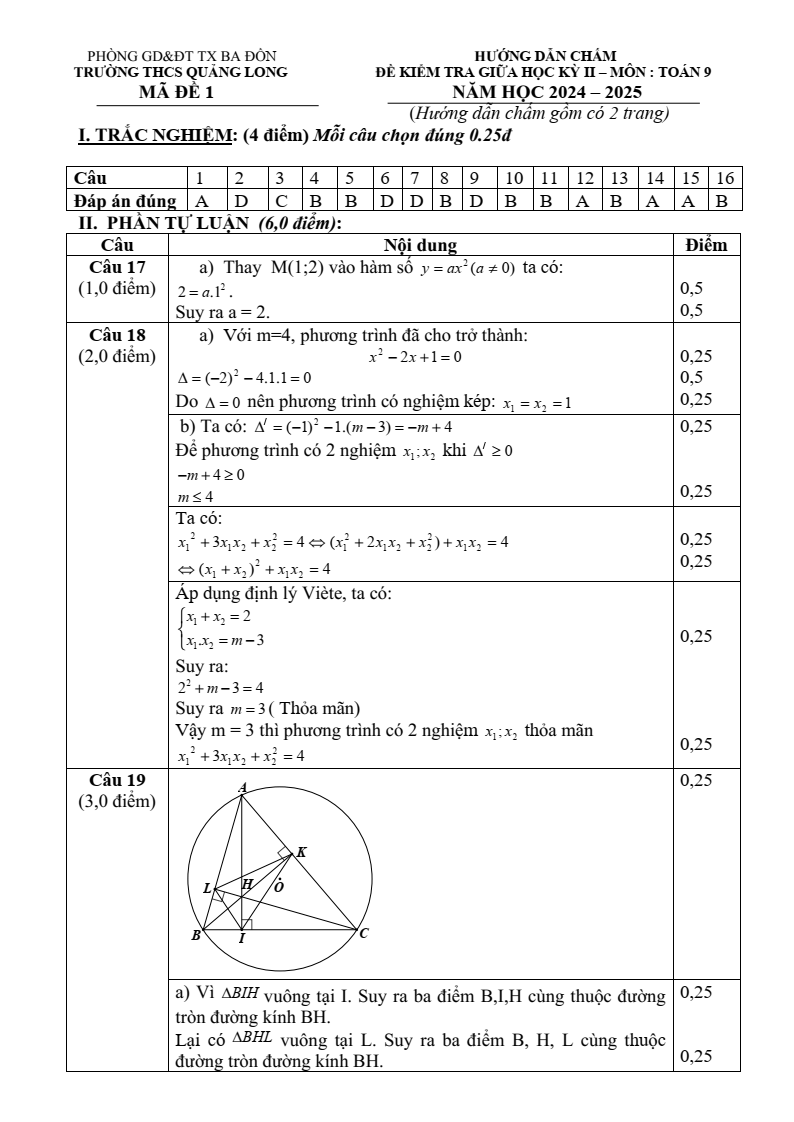 Đề thi Giữa kì 2 Toán 9 trường THCS Quảng Long (Quảng Bình) năm 2024-2025