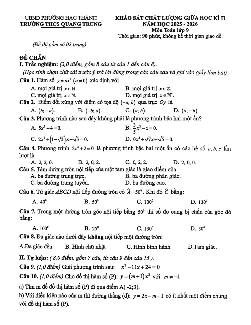 Đề thi Giữa kì 2 Toán 9 trường THCS Quang Trung (Thanh Hóa) năm 2025-2026