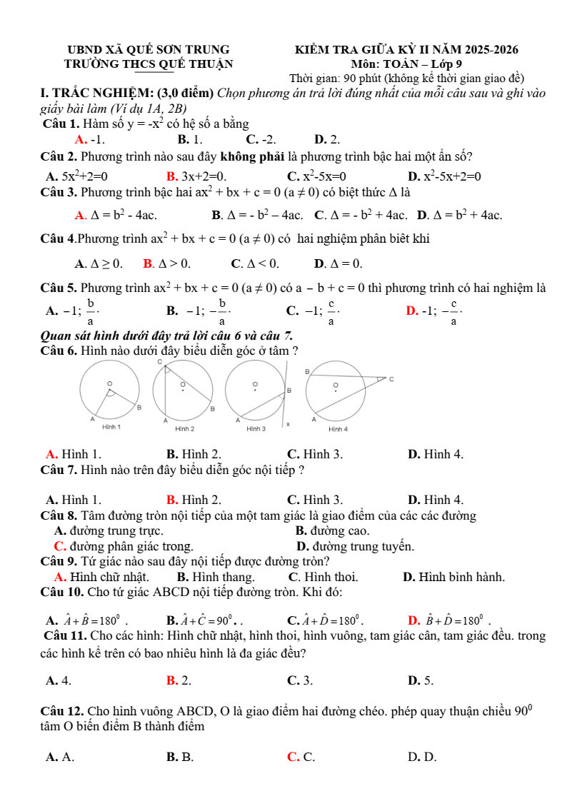 Đề thi Giữa kì 2 Toán 9 trường THCS Quế Thuận (Đà Nẵng) năm 2025-2026