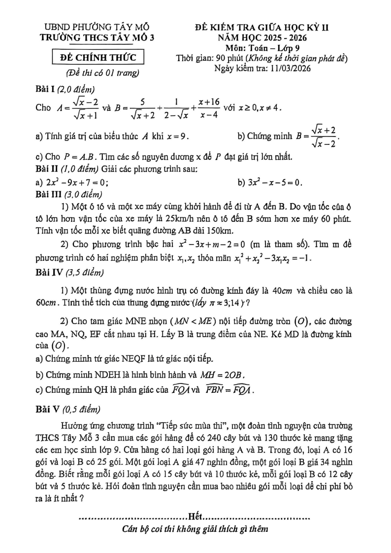 Đề thi Giữa kì 2 Toán 9 trường THCS Tây Mỗ 3 (Hà Nội) năm 2025-2026