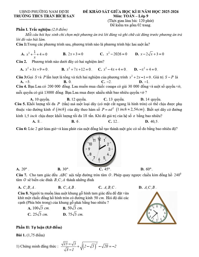 Đề thi Giữa kì 2 Toán 9 trường THCS Trần Bích San (Ninh Bình) năm 2025-2026