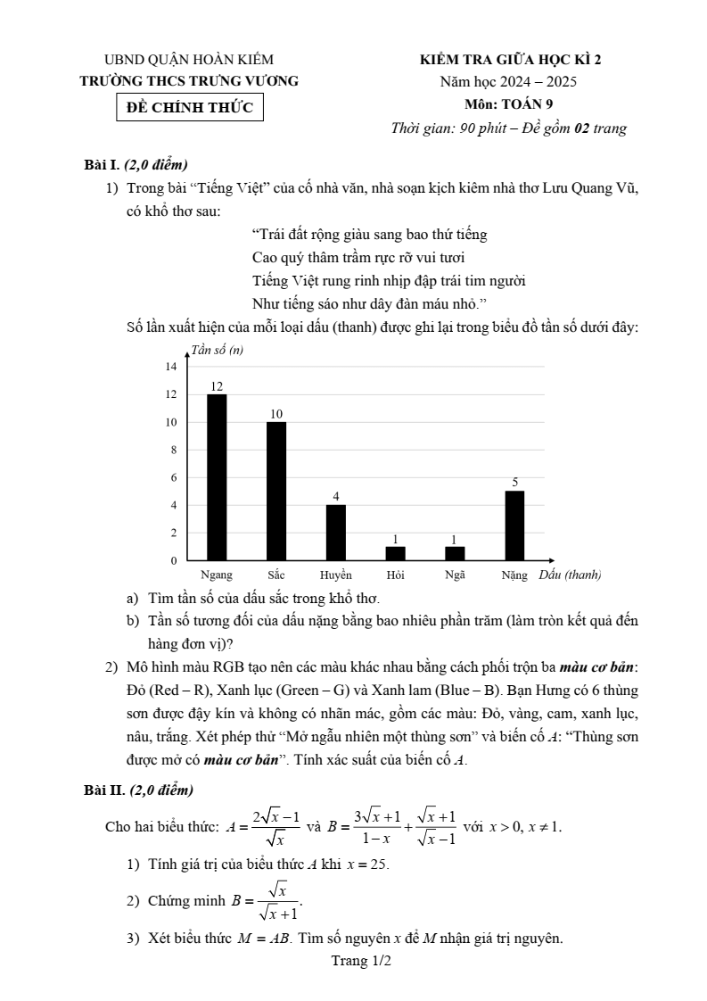 Đề thi Giữa kì 2 Toán 9 trường THCS Trưng Vương (Hà Nội) năm 2024-2025